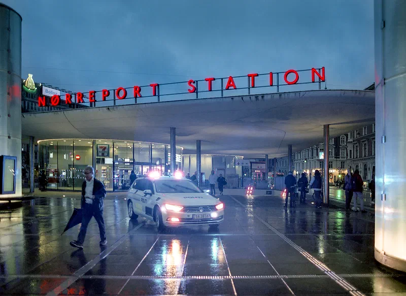 Nørreport station in Copenhagen taken with Mamiya M645 + 80mm f1.9 with Cinestill 800 film.