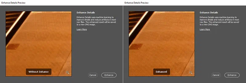 Comparing a Fujifilm X100S file in Camera Raw without Enhanced Details (left) and with Enhanced Details (right)