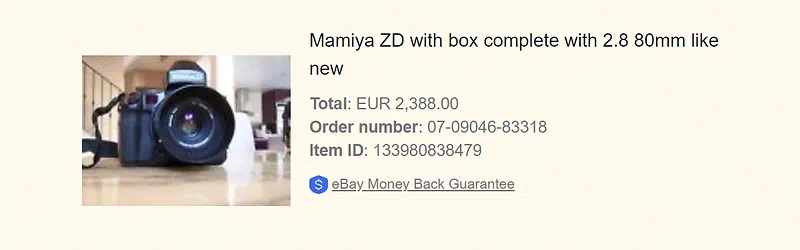 Screenshot of the Ebay order – I got the camera, it was broken, I returned it, but never got the money back. The new state of Ebay. Notice the “eBay Money Back Guarantee” label even though that is not practiced by Ebay anymore.