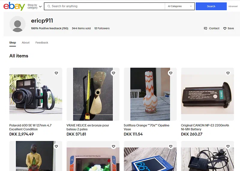 Screenshot of Eric Patard’s Ebay page aka. ericp911 – this guy is still selling things on Ebay even though he scammed me for 2388 euro. Ebay France don’t care.