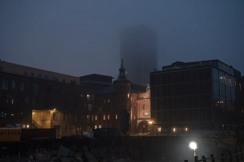 Construction site in Carlsberg Byen during fog, Copenhagen