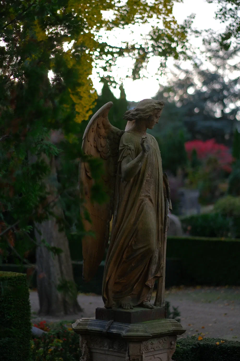 Weathered angel statue on a family grave in Frederiksberg cemetery