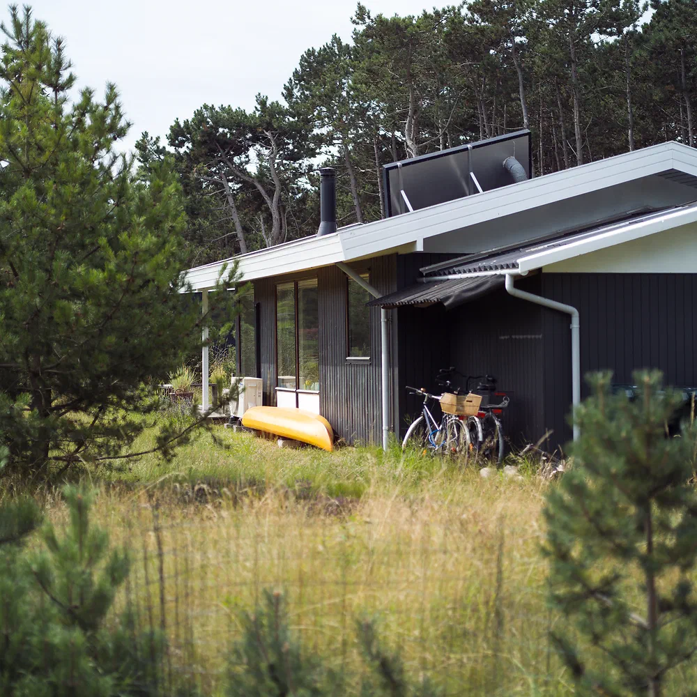 Yellow kayak and bicycles by a black wooden summer house among pine trees and tall grass