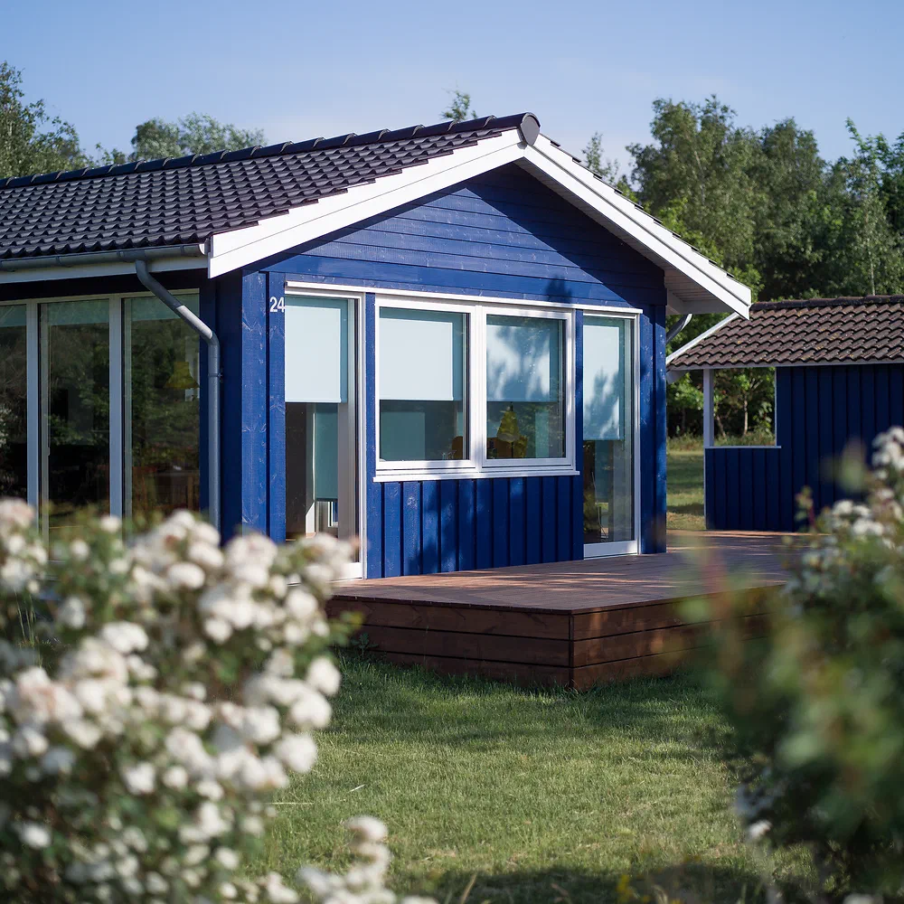 Blue wooden Danish summer house with a terrace and white flowers in front